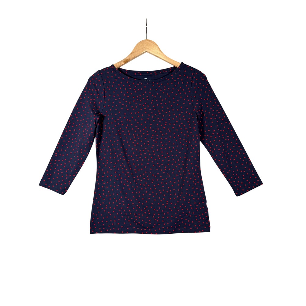 Talbots Top XS Navy Blue Red Polka Dot 3/4 Sleeve‎ Boat Neck Cotton Stretch